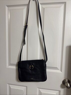 Ralph Lauren Black Leather Crossbody Bag with Gold Ring Accent